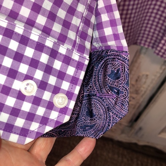 Men’s Bristol & Bull 100% Cotton Orchid, and White Gingham Check Dress Shirt - Picture 5 of 9